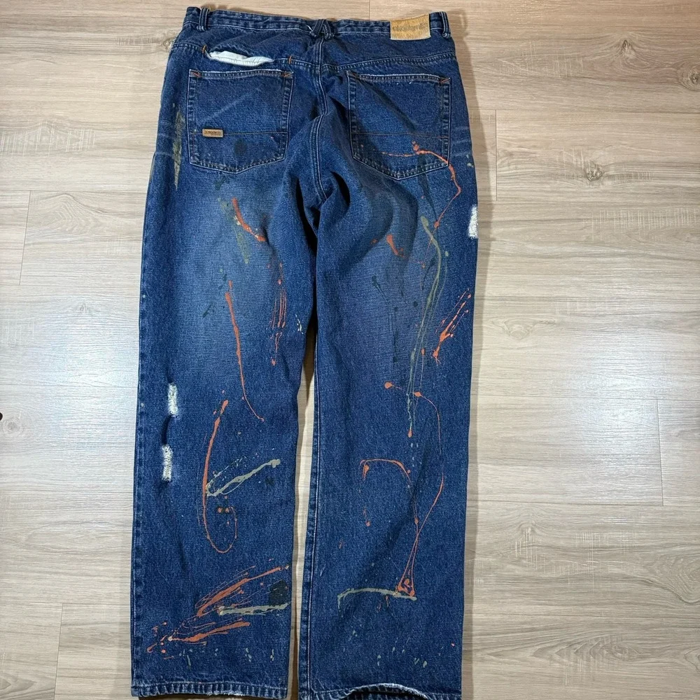 Akademiks Splatter Dark Jeans Distressed Sz 40X34 Baggy Denim Selected Materials - Picture 3 of 8